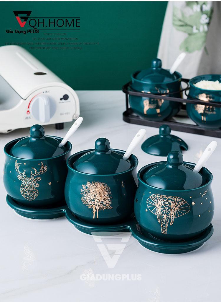 Bộ Ba Hộp Gia Vị Gốm Sang Trọng - Màu Ngọc Lục Bảo - Đặt Bàn & Treo Tường Cho Nhà Bếp | Xinh xắn và dễ thương