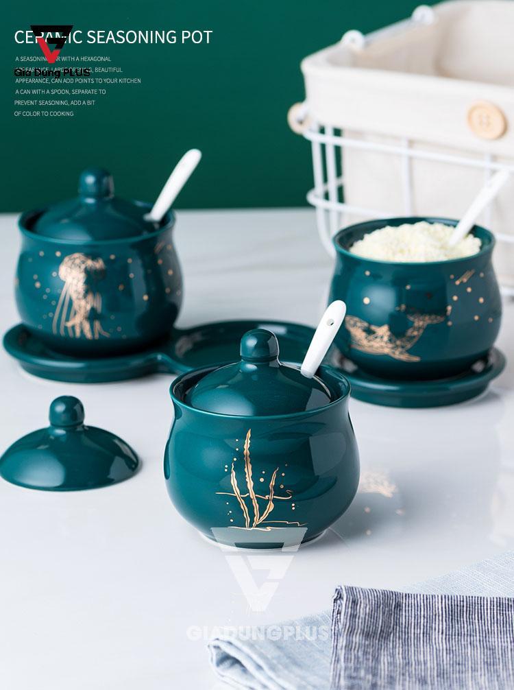 Bộ Ba Hộp Gia Vị Gốm Sang Trọng - Màu Ngọc Lục Bảo - Đặt Bàn & Treo Tường Cho Nhà Bếp | Trang trí bắt mắt