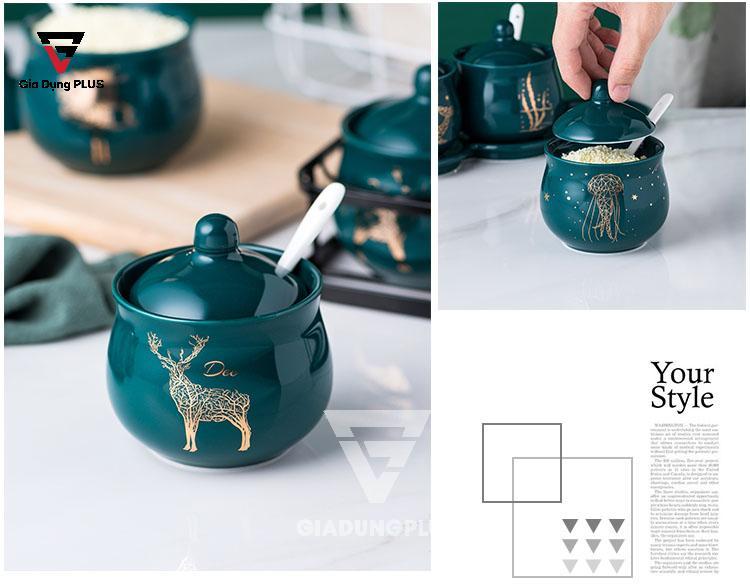Bộ Ba Hộp Gia Vị Gốm Sang Trọng - Màu Ngọc Lục Bảo - Đặt Bàn & Treo Tường Cho Nhà Bếp | Đẹp và rất đẹp