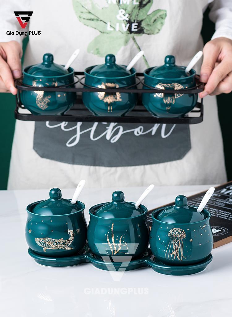 Bộ Ba Hộp Gia Vị Gốm Sang Trọng - Màu Ngọc Lục Bảo - Đặt Bàn & Treo Tường Cho Nhà Bếp | Cao cấp và quí phái