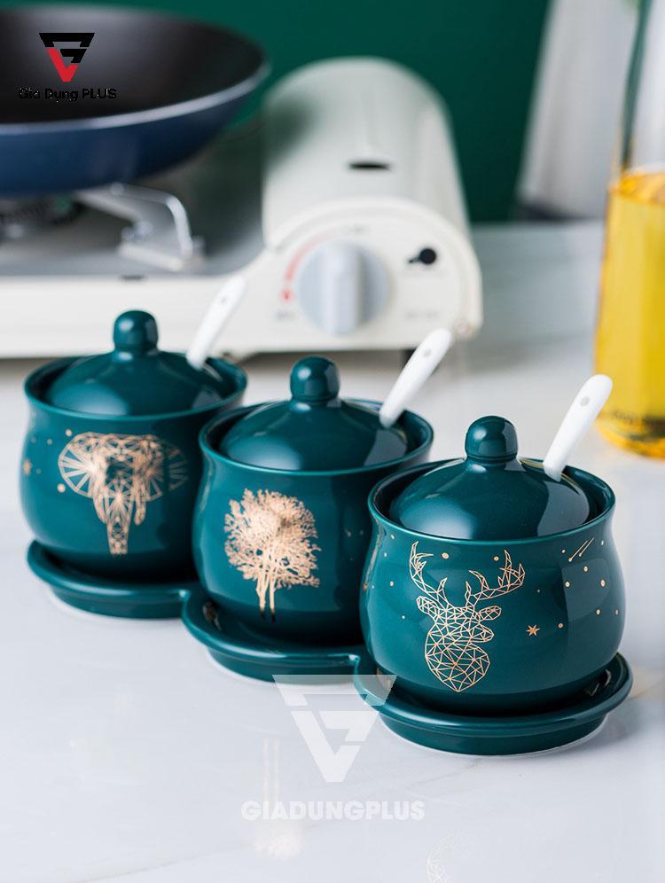 Bộ Ba Hộp Gia Vị Gốm Sang Trọng - Màu Ngọc Lục Bảo - Đặt Bàn & Treo Tường Cho Nhà Bếp | Đẹp và sang trọng