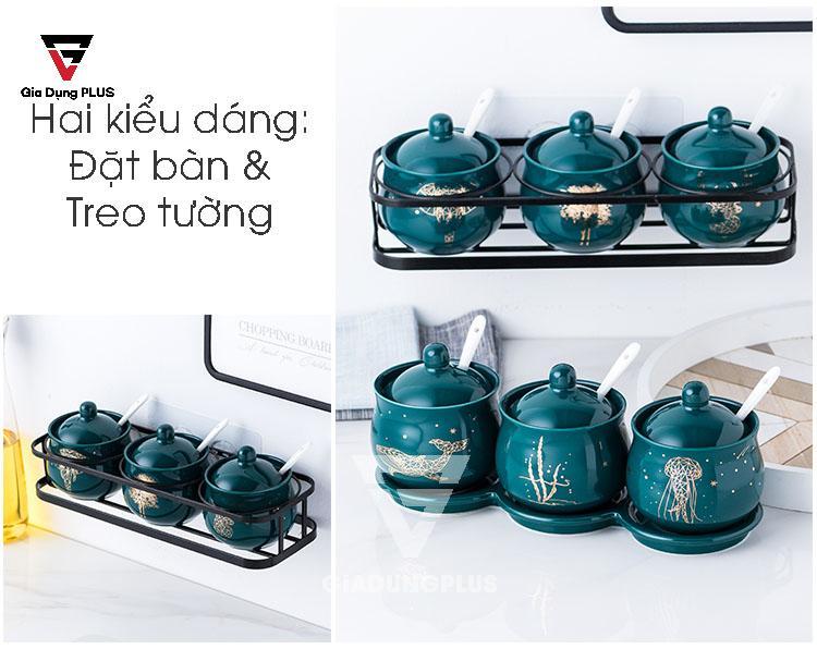 Bộ Ba Hộp Gia Vị Gốm Sang Trọng - Màu Ngọc Lục Bảo - Đặt Bàn & Treo Tường Cho Nhà Bếp | Có hai thiết kế treo tường và đặt bàn