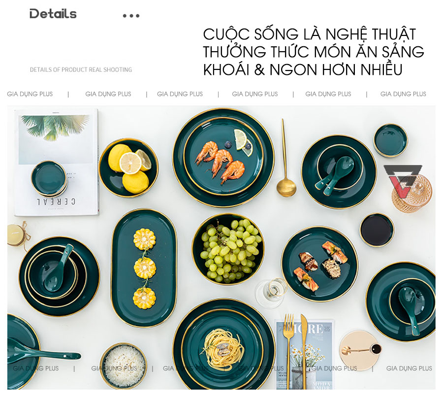 Cuộc sống là nghệ thuật, thưởng thức món ăn ngon hơn với bộ chén đĩa   | Bộ đồ ăn gồm chén đĩa tô sứ màu xanh ngọc viền vàng cao cấp phong cách Bắc Âu Gia Dụng Plus