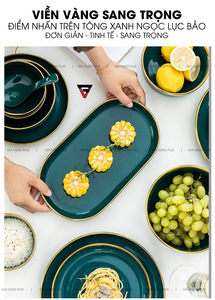 Viền vàng sang trọng, điểm nhấn trên tông sứ màu xanh ngọc đem lại cảm giác tinh tế và đơn giản  | Bộ đồ ăn gồm chén đĩa tô sứ màu xanh ngọc viền vàng cao cấp phong cách Bắc Âu Gia Dụng Plus
