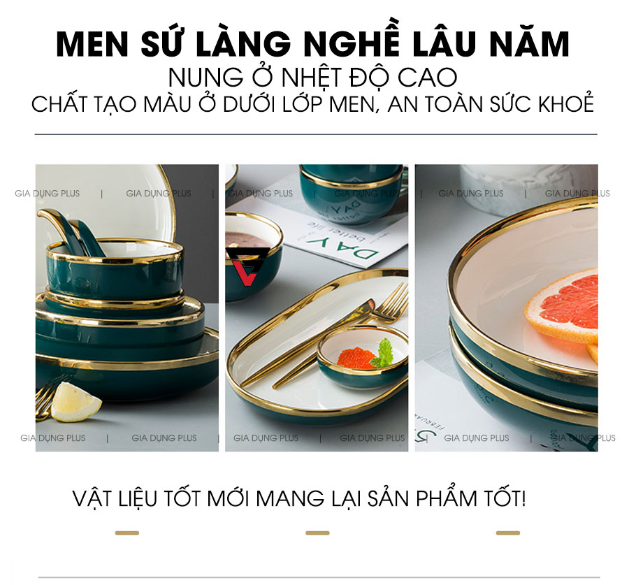 Men sứ ở làng nghề đúng sứ lâu năm, nung ở nhiệt độ cao, chất tạo màu ở dưới lớp men giúp an toàn cho sức khoẻ hơn  | Bộ đồ ăn gồm chén đĩa tô sứ màu xanh ngọc viền vàng cao cấp phong cách Bắc Âu Gia Dụng Plus