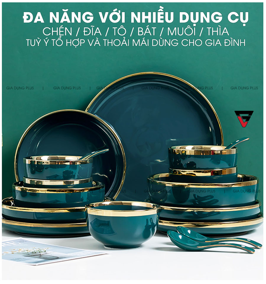Đa năng với nhiều dụng cụ: chén - đĩa - tô - bát - muôi - đũa, tổ hợp tuỳ ý giúp cho người dùng dễ dàng bày biện