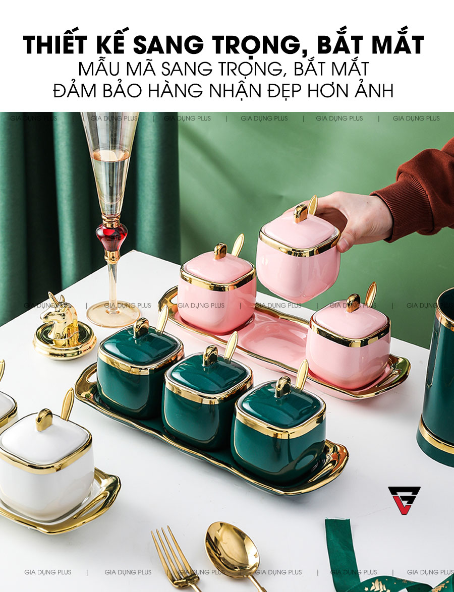 Thiết kế sang trọng, bắt mắt theo phong cách Bắc Âu  | Bộ hủ gia vị sứ đặt bàn viền vàng cao cấp kèm kệ sứ chaobai trên giadungplus