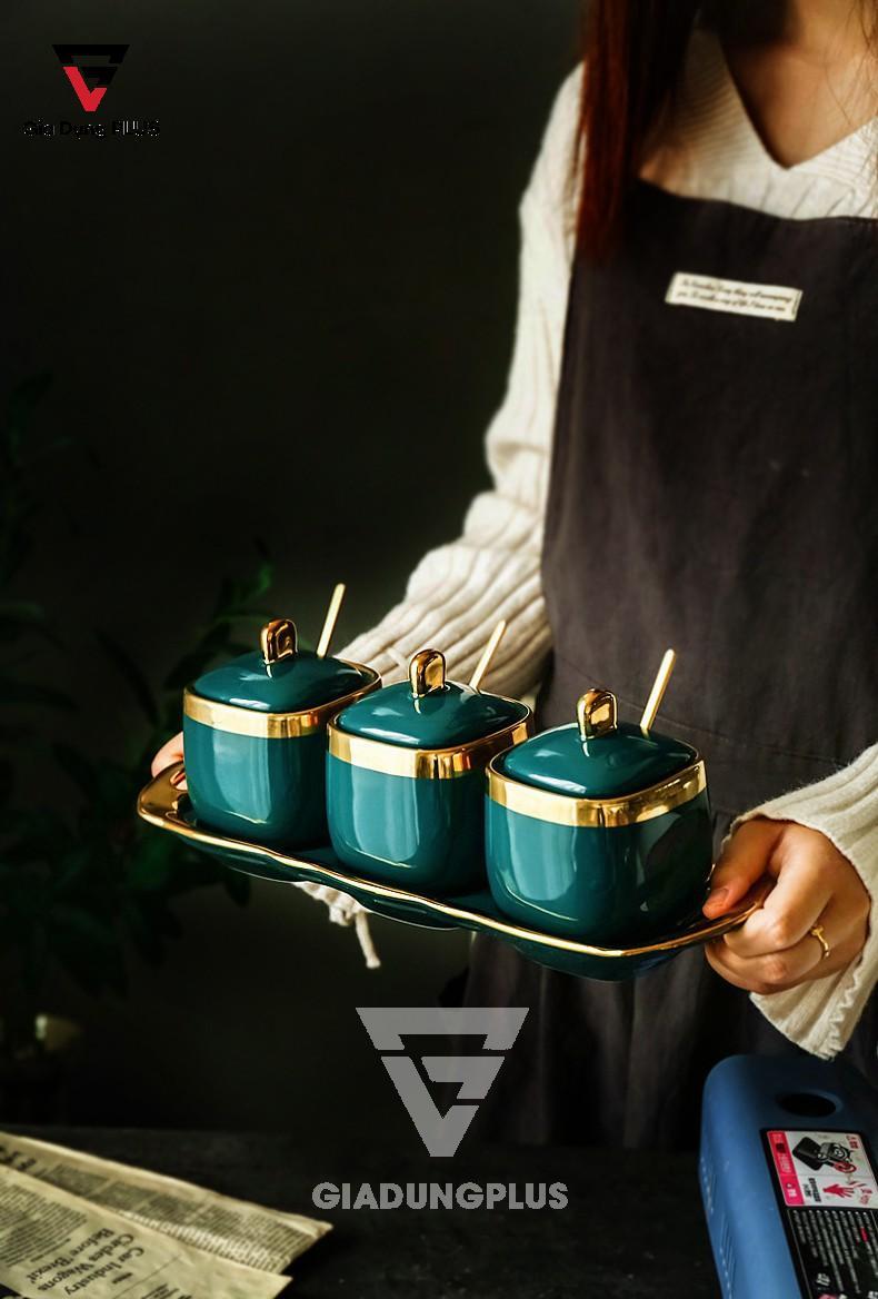 Bộ Ba Hũ Gia Vị Sứ Đặt Bàn Cao Cấp - Màu Xanh Ngọc Phỉ Thuý - Gốm Sứ Thủ Công | Baike