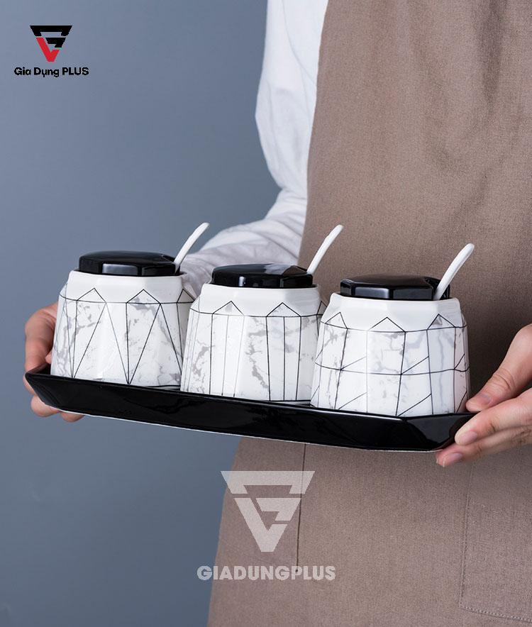 Bộ Hộp Đựng Gia Vị Sứ Cao Cấp & Sang Trọng Cho Nhà Bếp | Thiết Kế Hình Kim Cương, Phong Cách Bắc Âu - 