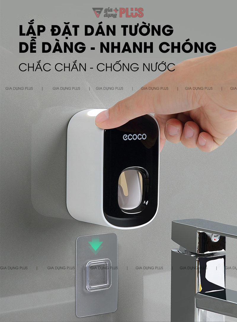Bộ được lắp đặt dán tường bằng miếng dán chuyên dụng, chịu lực tốt và chống nước & ẩm, thoải mái dùng cho phòng tắm  | Dụng cụ lấy kem đánh răng tự động Ecoco chính hãng