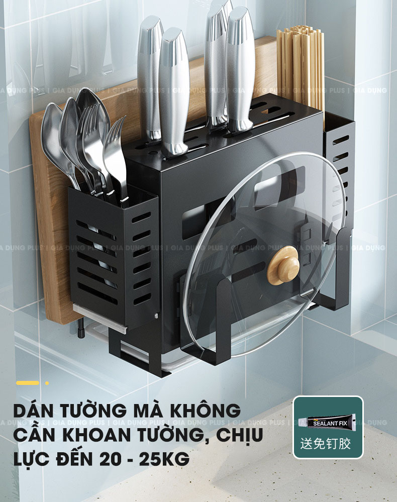 Kệ để dao - đũa - thớt đa năng Tiggang được dán tường bằng keo dán tường, chịu lực đến 20 - 25kg mà không cần khoan tường