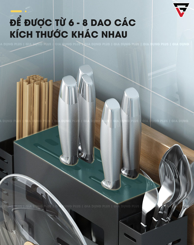 Kệ để dao - đũa - thớt đa năng Tiggang có thể chứa được khoảng 6 - 8 con dao đầy đủ kích thước từ nhỏ đến lớn