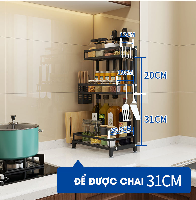 Kệ gia vị đặt bàn hai tầng & ba tầng INOX SUS 201 của Tiggang | Khoảng cách giữa các tầng hợp lý để chai lọ 31cm