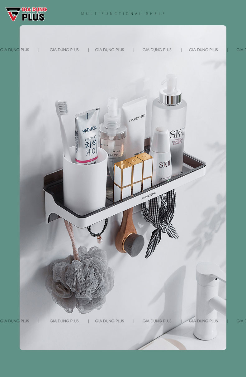 Đựng đồ tiện lợi như mỹ phẩm, dầu gội, sữa tắm, treo móc đồ dùng cá nhân cho phòng tắm  | Giá đựng đồ đa năng dán tường SQ-5287