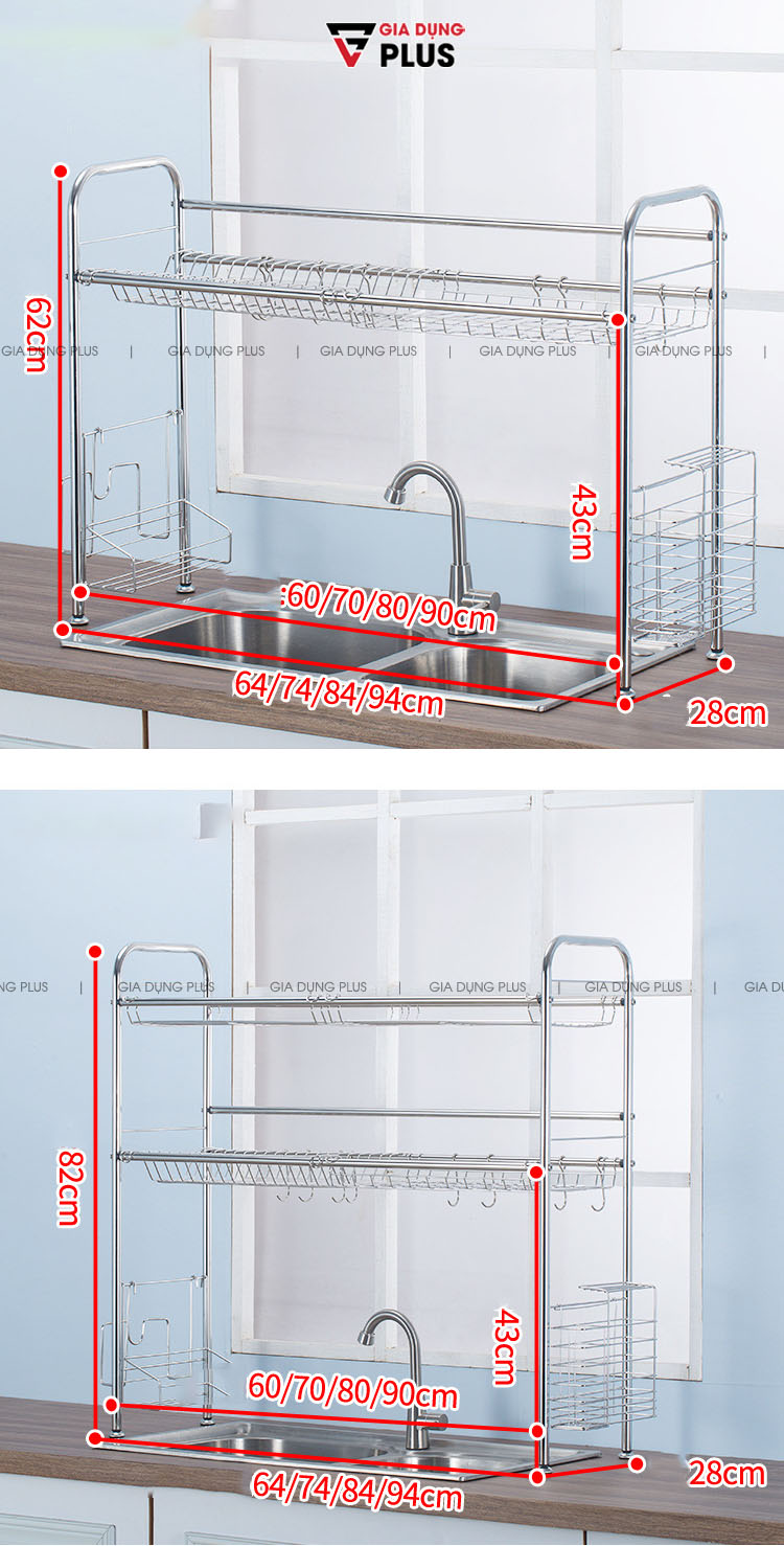 Kích thước cho loại 1 tầng và 2 tầng  | Giá inox 304 úp chén đĩa đa năng trên bồn rửa chén Nanjie