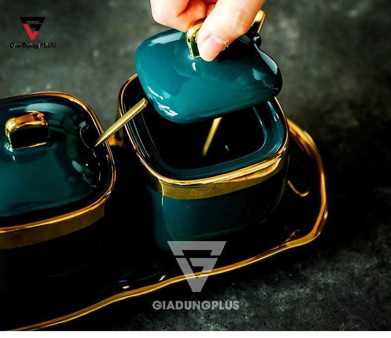 Bộ Ba Hũ Gia Vị Sứ Đặt Bàn Cao Cấp - Màu Xanh Ngọc Phỉ Thuý - Gốm Sứ Thủ Công của Baike | Đựng gia vị như muối, đường, hạt nêm...tiện lợi và gọn gàng