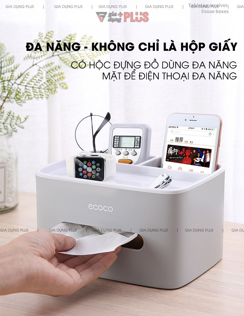 Đa năng và gọn gàng, không chỉ mang tính chất là một hộp đựng giấy ăn mà còn tích hợp hộc để đồ dùng cá nhân & để điện thoại...