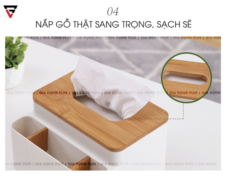 Nắp gỗ có thiết kế sang trọng, tinh tế giúp hộp giấy thêm đẹp và có điểm nhất