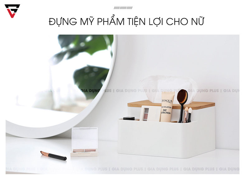 Dùng hộp đựng giấy đa năng đặt bàn nắp gỗ Nacchan đựng mỹ phẩm & khăn giấy