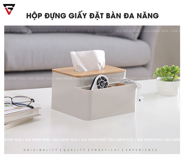 Hộp Đựng Khăn Giấy Đặt Bàn Đa Năng Nhiều Ngăn | Hộp Nhựa PS, Nắp Gỗ | Nacchan