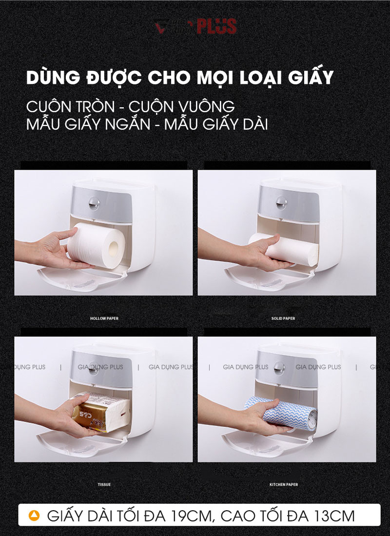 Sử dụng được mọi loại giấy vệ sinh gia đình có trên thị trường bao gồm loại chữ nhật, loại vuông và cuộn tròn với kích thước tối đa là dài 19cm và cao tối đa là 13cm