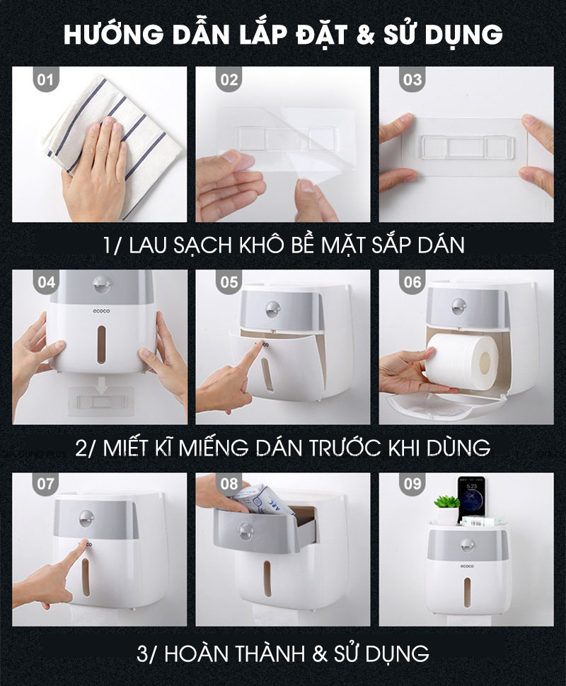 Hướng dẫn lắp đặt và sử dụng sản phẩm hộp đựng giấy vệ sinh Ecoco 0808