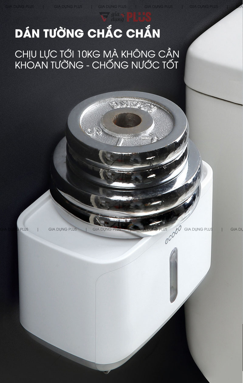  Chịu lực tới 10kg mà chỉ cần dán tường, không cần khoan tường đục lỗ - tiết kiệm thời gian và công sức khi lắp đặt sản phẩm, dễ dàng di chuyển vị trí hơn| Hộp đựng giấy vệ sinh chữ nhật dán tường Ecoco 0809