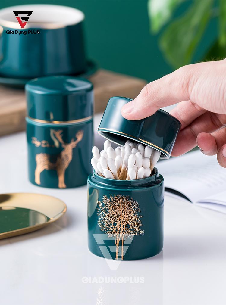 Hộp đựng tăm xỉa răng bằng sứ, xanh ngọc lục Qianhuiju | Ống có thể dùng đựng bông ngoáy tai, đồ trang sức...