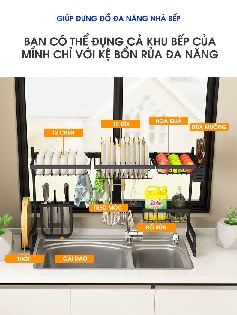 Bộ kệ để trên bồn rửa chén đa năng Tiggang | Đựng đồ đa năng với các phụ kiện: kệ chén, kệ đĩa, giá cài dao, ống đũa, kệ thớt, giỏ đựng hoa quả, giỏ đựng đồ rửa chén, thanh móc treo