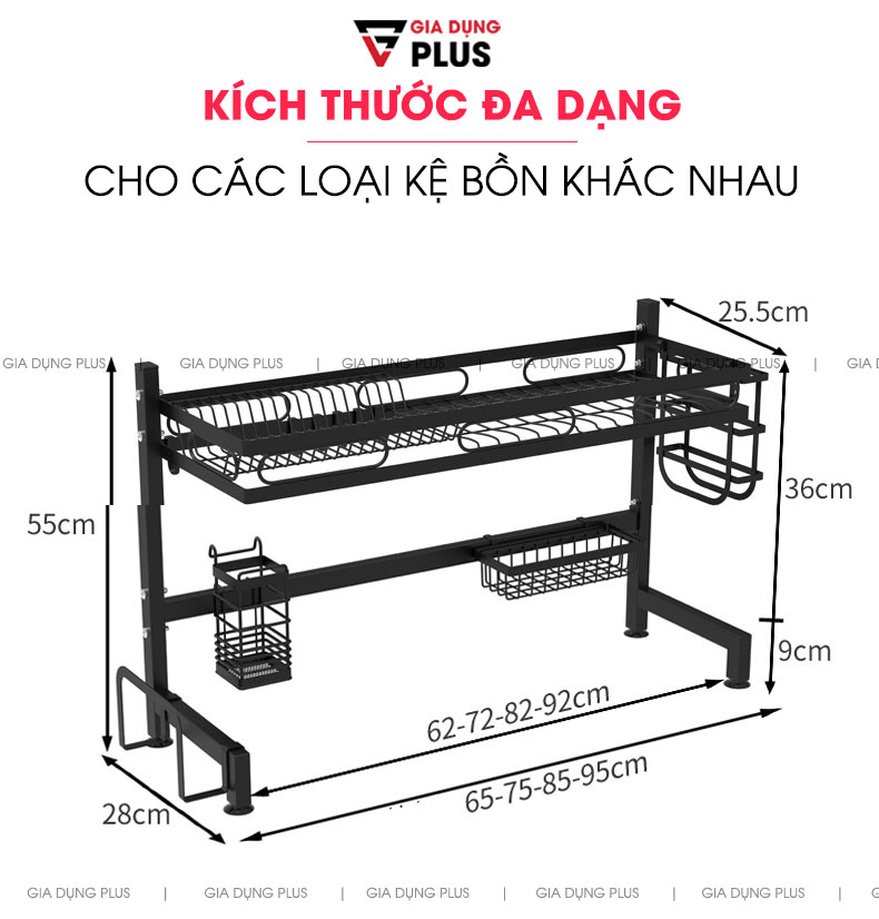 Kích thước loại kệ một tầng với kích thước 65cm / 85cm / 95cm  | Kệ đựng chén đĩa để trên bồn rửa chén đa năng cao cấp Nanjie