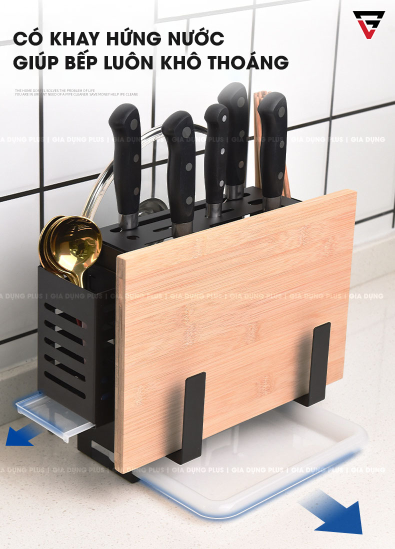 Kệ để dao - đũa - thớt đa năng Tiggang có khay hứng nước giúp nhà bếp luôn khô thoáng và gọn gàng