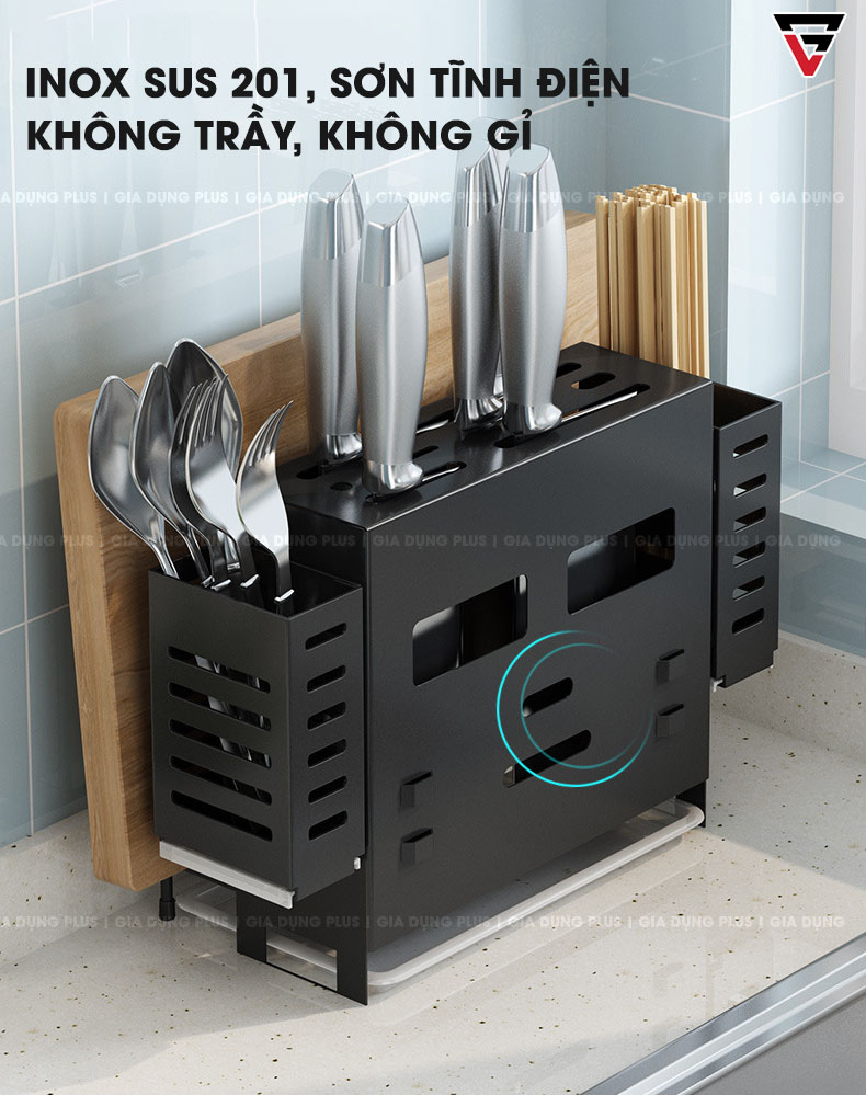 Kệ để dao - đũa - thớt đa năng Tiggang được làm từ INOX SUS 201 cao cấp, không gỉ, không bị trầy xước do được sơn tĩnh điện