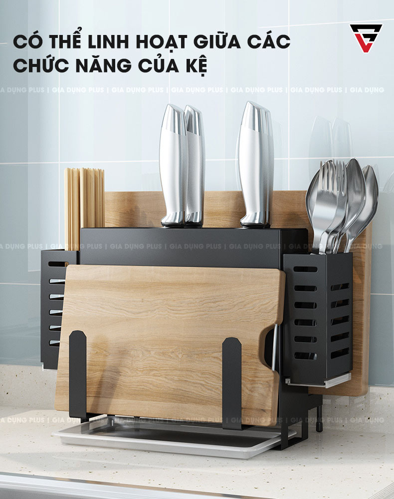 Linh hoạt sử dụng kệ để dao - đũa - thớt đa năng Tiggang để đựng hai thớt hoặc vung nồi gọn gàng