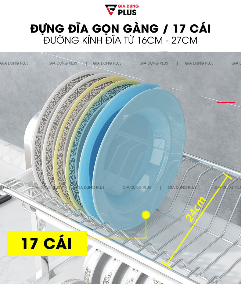 Có 17 rảnh giúp đựng đĩa với đường kính đĩa từ 18cm - 23cm là phù hợp  | Kệ úp chén đĩa ráo nước đặt bàn đa năng inox 304 Nanjie