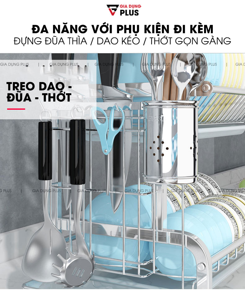 Đa năng nhờ phụ kiện đi kèm, gồm kệ cài dao, ống đựng đũa muỗng, đựng thớt và các móc treo đồ đa năng  | Kệ úp chén đĩa ráo nước đặt bàn đa năng inox 304 Nanjie