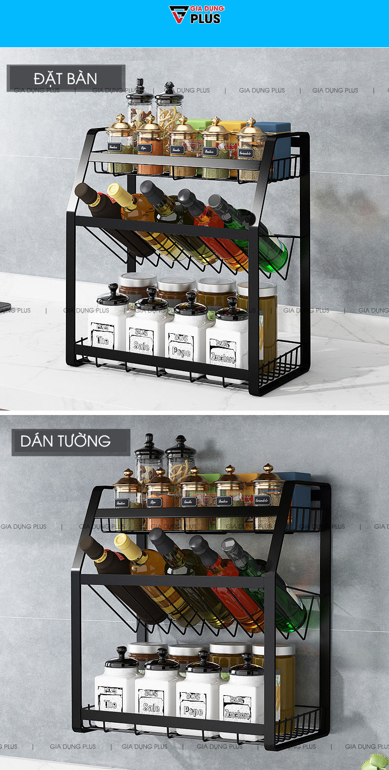 Cách lắp đặt đa dạng là đặt bàn & treo tường giúp tiết kiệm và tối ưu không gian  | Kệ gia vị, chai lọ mặt nghiêng thép carbon sơn tĩnh điện 5 lớp Nanjie