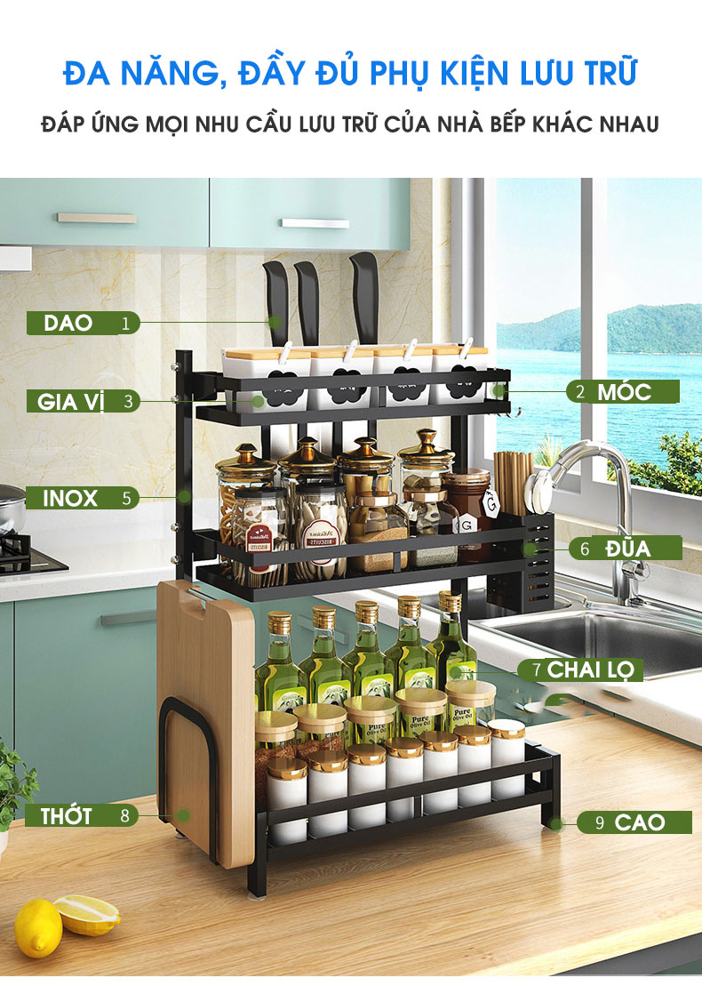 Kệ đựng gia vị, chai lọ đặt bằng inox, sơn tĩnh điện Tiggang | Đựng đồ đa năng như đũa, dao, móc treo, thớt...