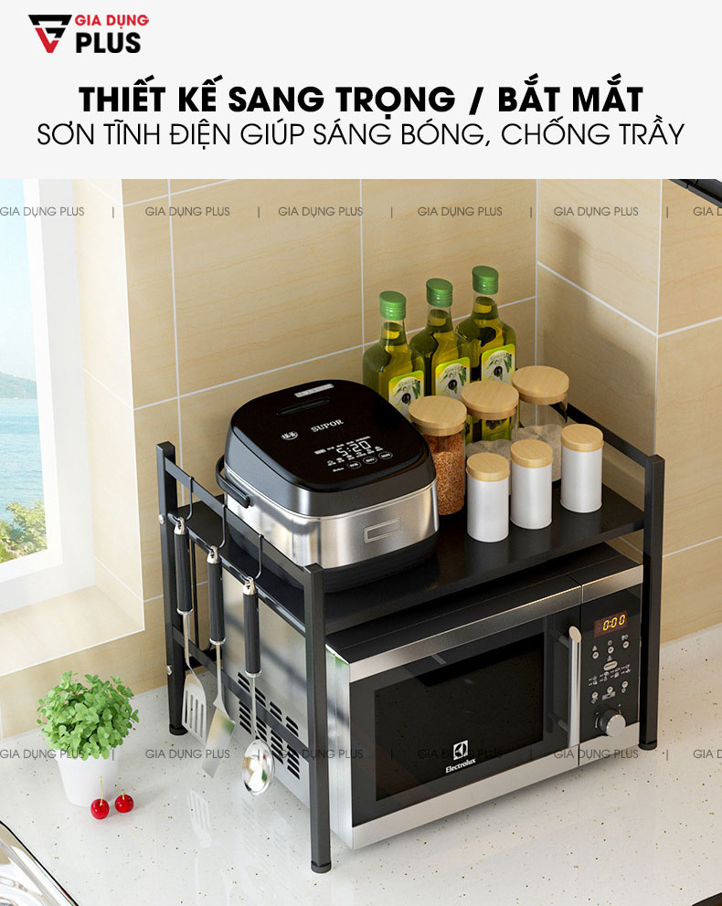 Thiết kế sang trọng và bắt mắt với màu đen cuốn hút, giúp bếp nhà bạn trở nên đẳng cấp hơn và gọn gàng hơn trông thấy  | Kệ để lò vi sóng, lò nướng hai tầng co giãn thông minh chân đứng Tiggang