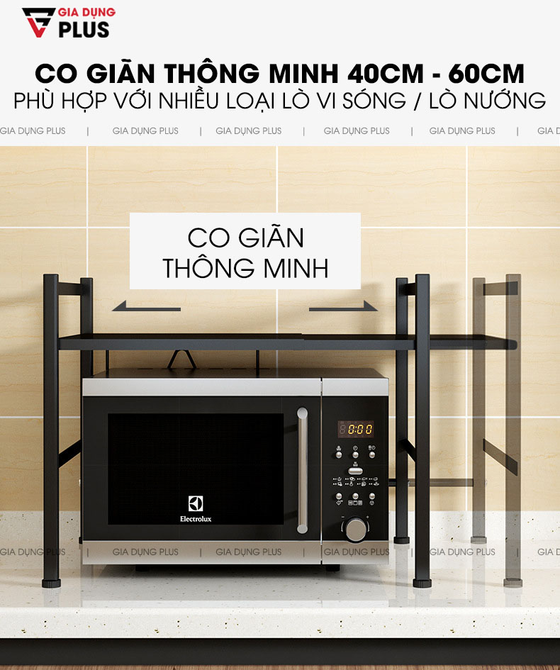 Thiết kế co giãn thông minh từ 40cm - 60cm giúp phù hợp với các kích thước lò nướng / lò vi sóng khác nhau  | Kệ để lò vi sóng, lò nướng co giãn thông minh chân đứng Tiggang