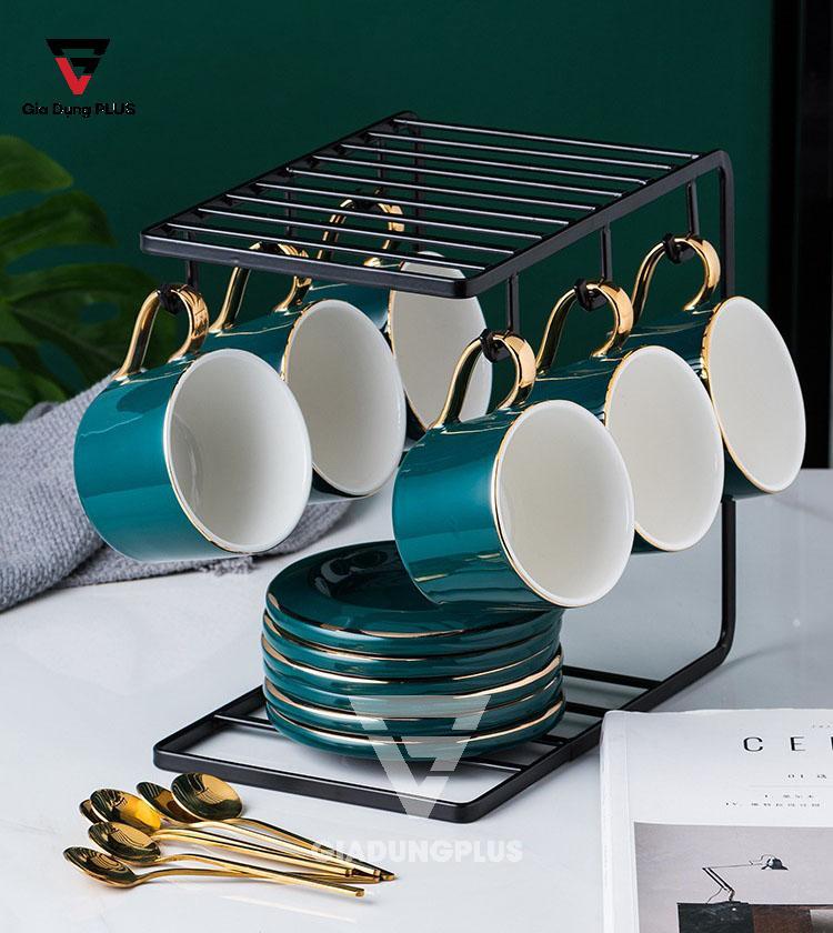 Bộ Ấm Trà Cao Cấp & Cực Đẹp Bằng Sứ - Màu Xanh Ngọc Lục Bảo Sang Trọng - Phong Cách Quý Tộc Bắc Âu | Phần giá đựng ly và khay bằng inox
