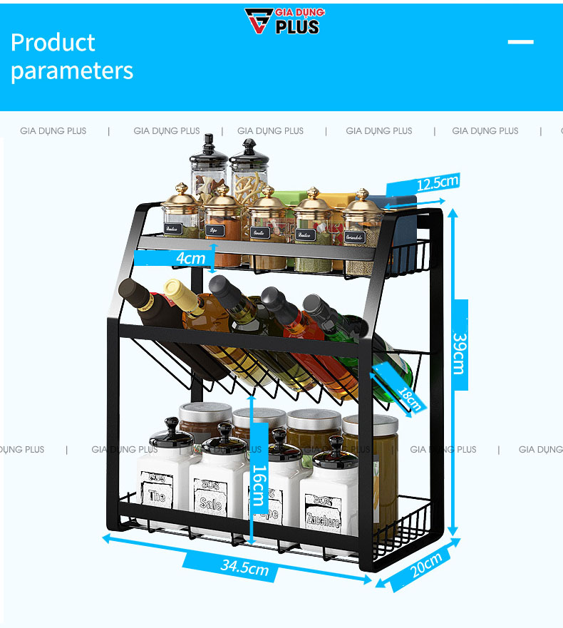 Kích thước của sản phẩm  | Kệ gia vị, chai lọ mặt nghiêng thép carbon sơn tĩnh điện 5 lớp Nanjie