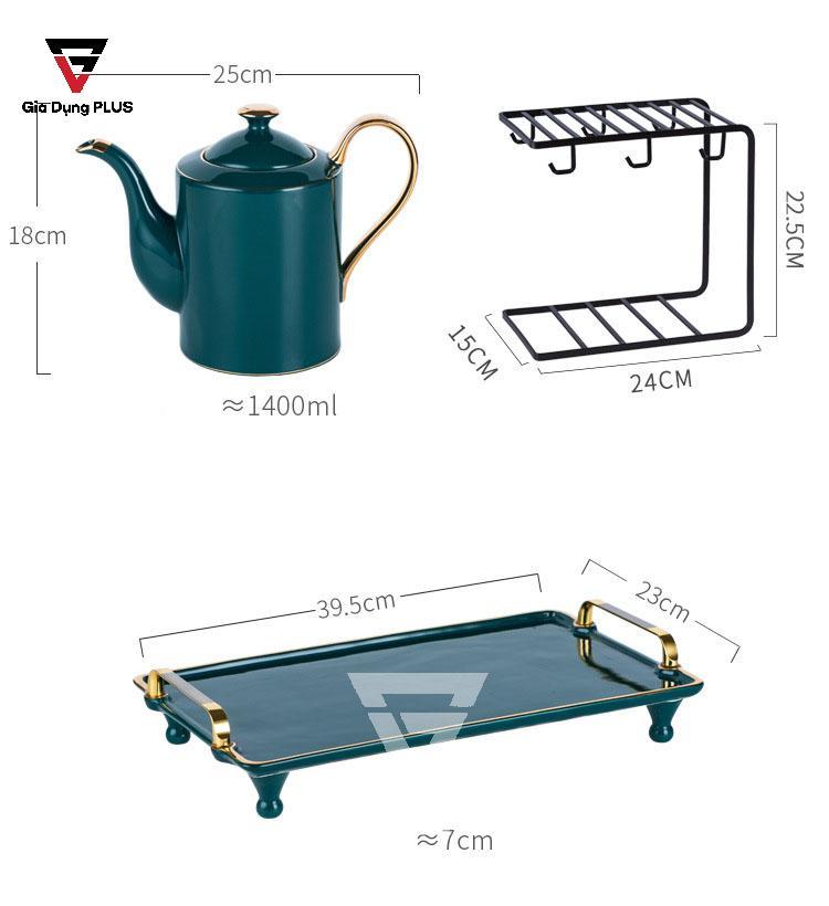 Bộ Ấm Trà Cao Cấp & Cực Đẹp Bằng Sứ - Màu Xanh Ngọc Lục Bảo Sang Trọng - Phong Cách Quý Tộc Bắc Âu |  Kích thước ấm trà, giá đựng và khay trà bằng sứ