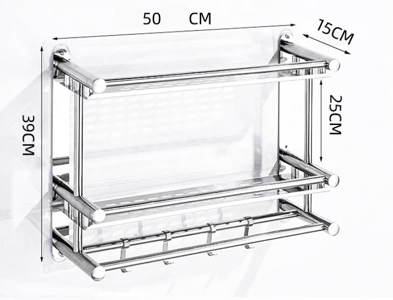 Kệ đựng đồ đa năng inox, kèm thanh treo khăn cho phòng tắm Moyang | Kích thước loại 2 tầng dài 50cm