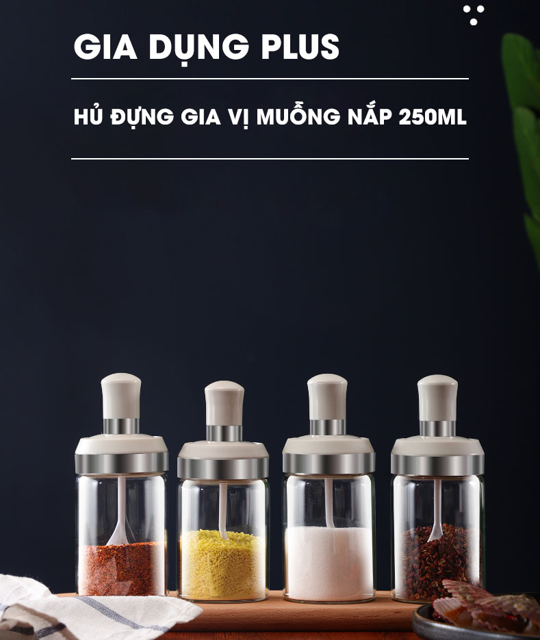 Lọ Đựng Gia Vị Muỗng Nắp Thuỷ Tinh Borosilicate (Màu Trắng) Có Nắp Viền INOX 304