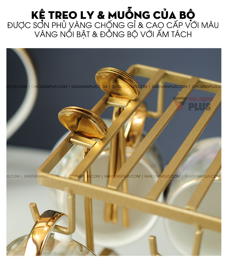 Bộ ấm trà màu cẩm thạch cao cấp | Kệ treo cốc & muỗng cũng được phủ màu sơn vàng, chất liệu cao cấp, không gỉ & trầy xước