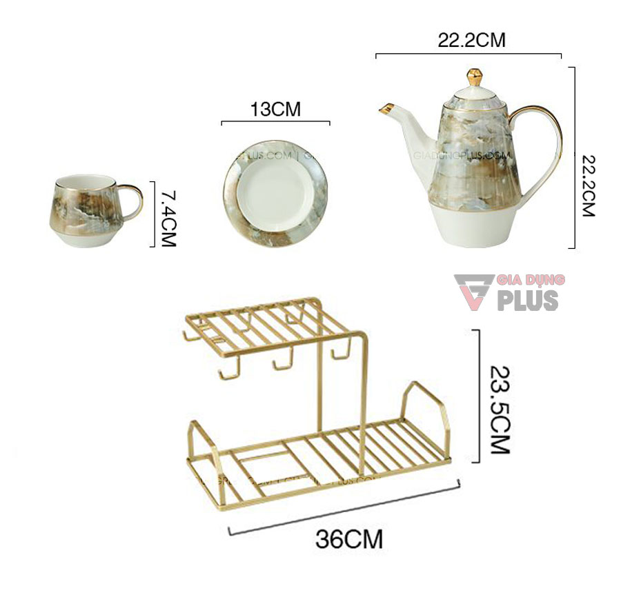 Bộ ấm trà màu cẩm thạch cao cấp | Kích thước các thành phẩn của bộ sản phẩm