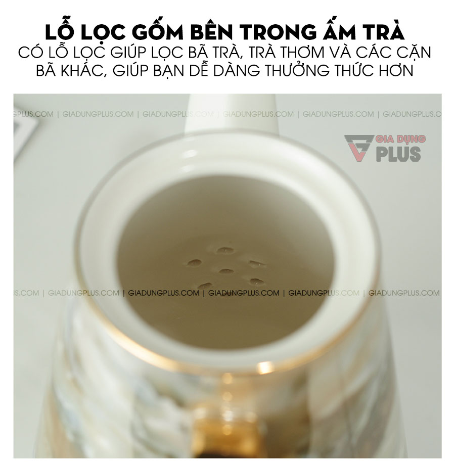 Bộ ấm trà màu cẩm thạch cao cấp | Bên trong ấm có lỗ lọc sứ, giúp lọc bã trà & các cặn bã giúp việc thưởng thức trở nên tiện lợi hơn