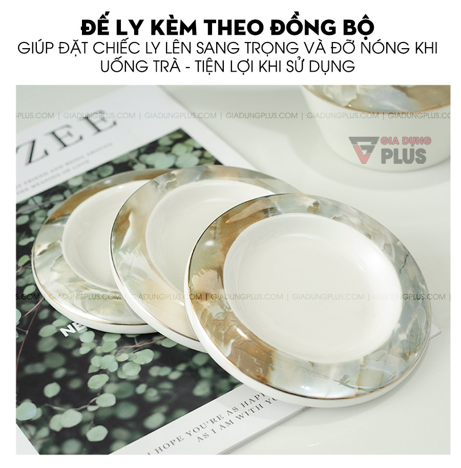 Bộ ấm trà màu cẩm thạch cao cấp | Đĩa để ly có kèm trong bộ cũng có màu sắc đồng bộ và thiết kế ôm gọn ly để giảm trơn trượt khi sử dụng