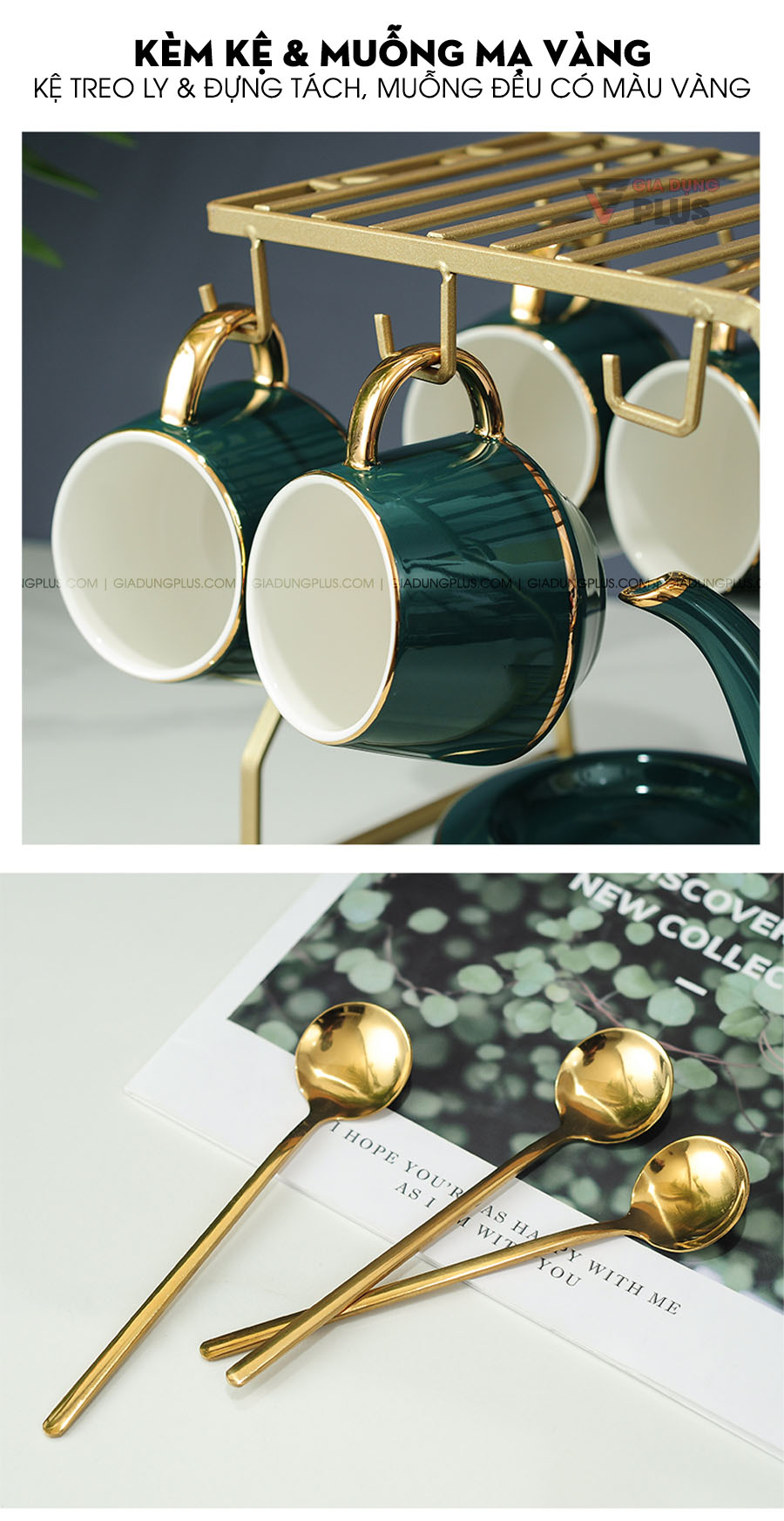 Bộ ấm trà sứ xanh ngọc lục bảo, hoạ tiết nổi cặp hươu quý tộc | Kệ treo ly và tách, muỗng đều được mạ vàng - sang trọng - đồng bộ với viền của ấm trà tạo sự hài hoà