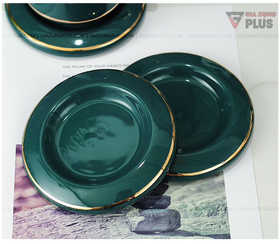 Bộ ấm trà sứ xanh ngọc lục bảo, hoạ tiết nổi cặp hươu quý tộc | Tách đựng ly của bộ